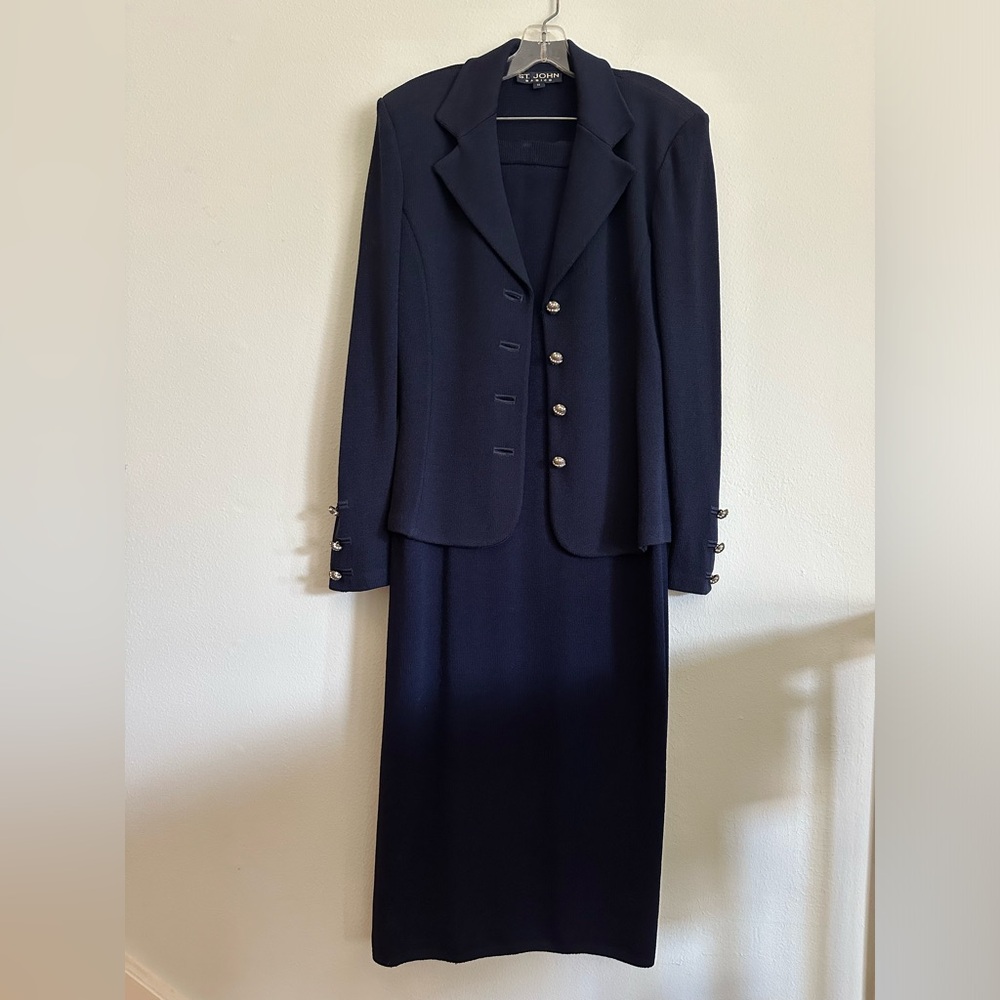 St. John. Navy Santana Knit Set Jacket Sz 14 Maxi Slit Skirt Sz 10 Office Preppy